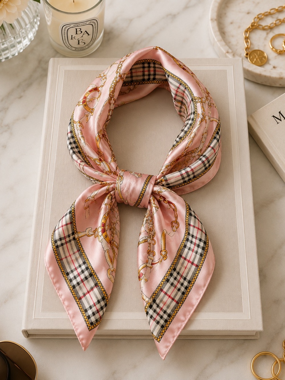 Pink Chain & Plaid Silk Neck Scarf
